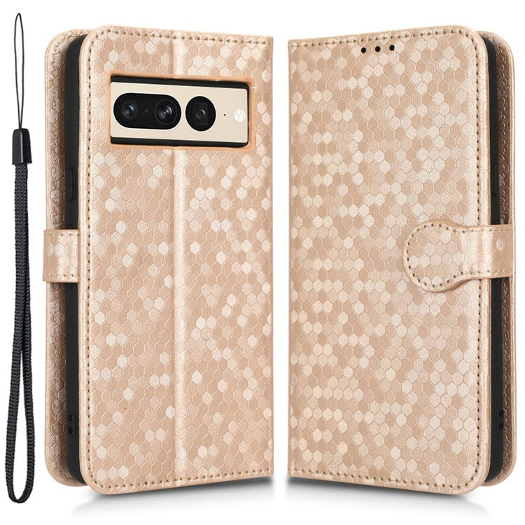 Shockproof Phone Case for Google Pixel 7 Pro 5G, Dot Pattern Imprinted Stand Cell Phone Flip Leather Wallet Cover with Strap - Rose Gold