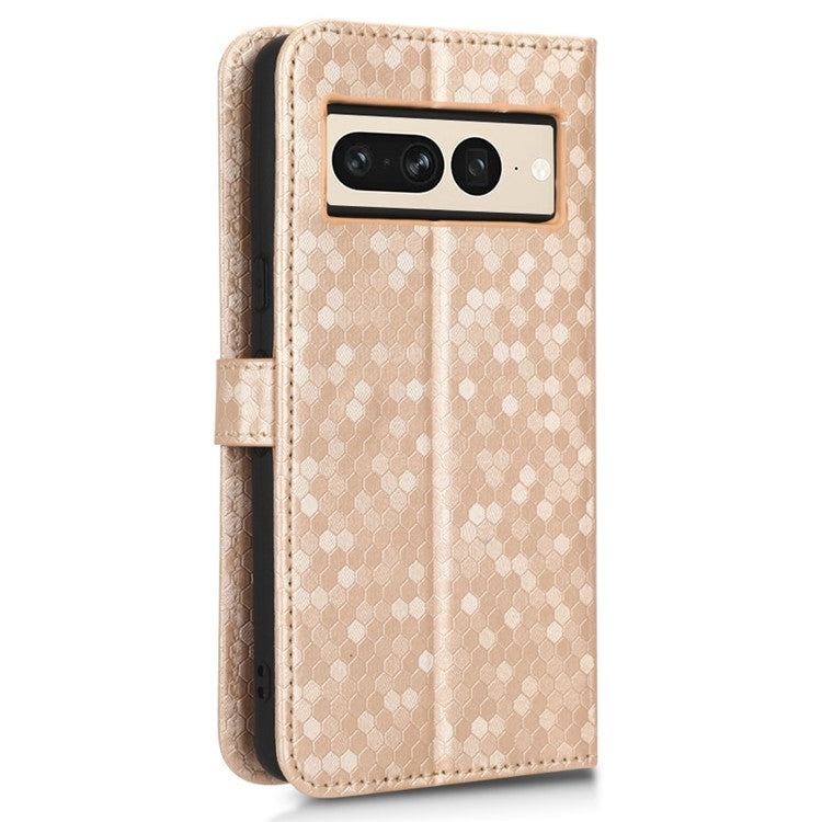 Shockproof Phone Case for Google Pixel 7 Pro 5G, Dot Pattern Imprinted Stand Cell Phone Flip Leather Wallet Cover with Strap - Rose Gold