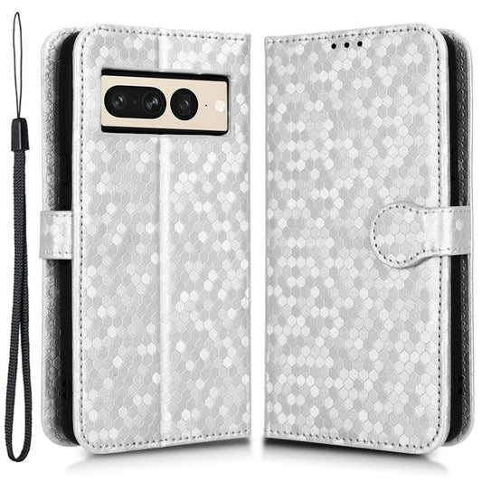 Shockproof Phone Case for Google Pixel 7 Pro 5G, Dot Pattern Imprinted Stand Cell Phone Flip Leather Wallet Cover with Strap - White