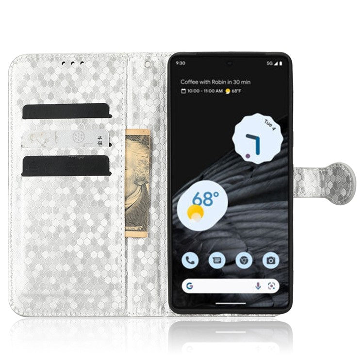 Shockproof Phone Case for Google Pixel 7 Pro 5G, Dot Pattern Imprinted Stand Cell Phone Flip Leather Wallet Cover with Strap - White