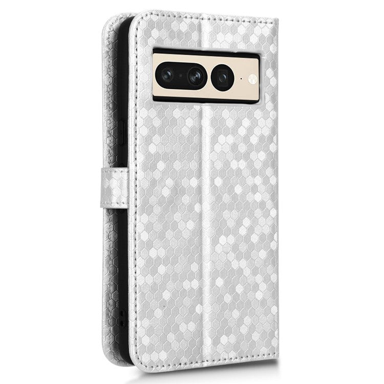 Shockproof Phone Case for Google Pixel 7 Pro 5G, Dot Pattern Imprinted Stand Cell Phone Flip Leather Wallet Cover with Strap - White