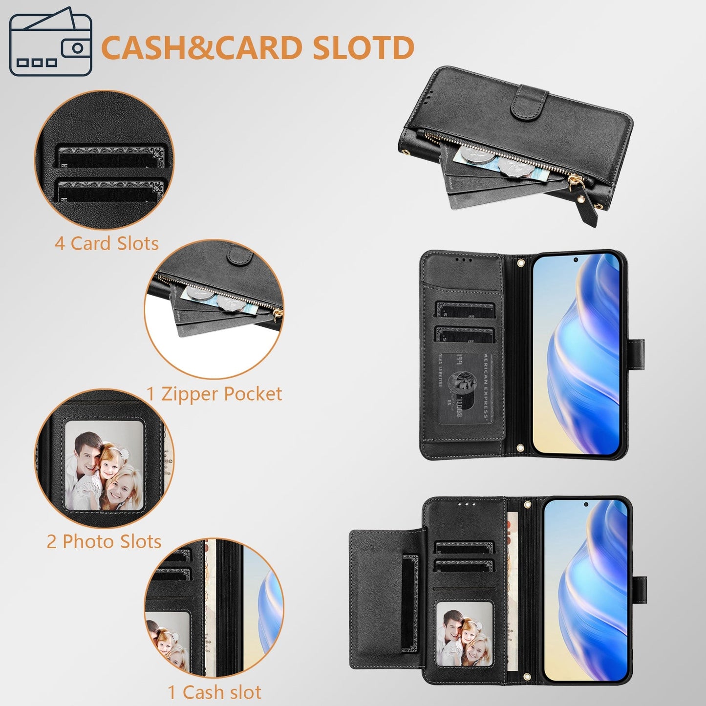For Samsung Galaxy S25 Edge Case Zipper Pocket Multiple Card Slots Leather Phone Cover - Black