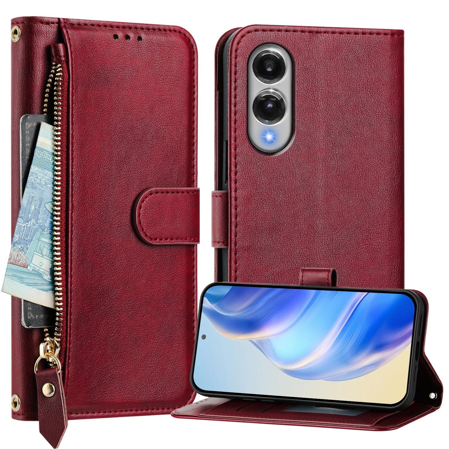 For Samsung Galaxy S25 Edge Case Zipper Pocket Multiple Card Slots Leather Phone Cover - Red