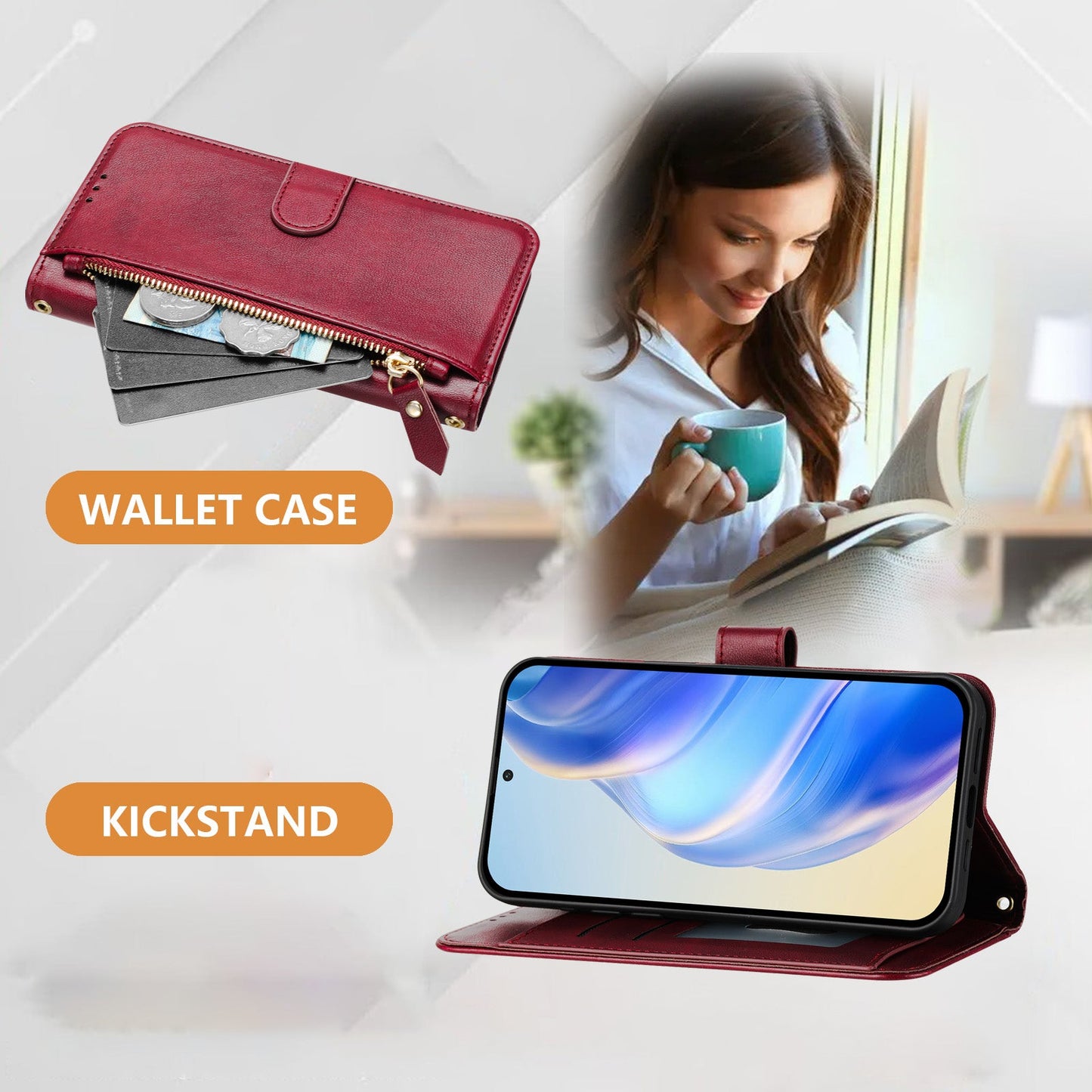 For Samsung Galaxy S25 Edge Case Zipper Pocket Multiple Card Slots Leather Phone Cover - Red