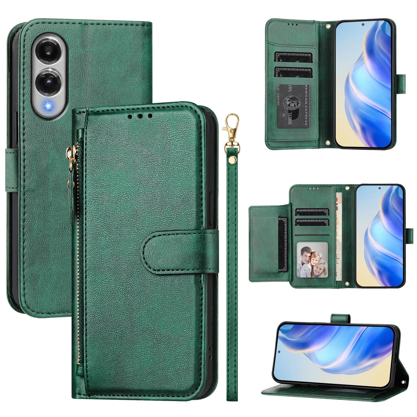 For Samsung Galaxy S25 Edge Case Zipper Pocket Multiple Card Slots Leather Phone Cover - Green