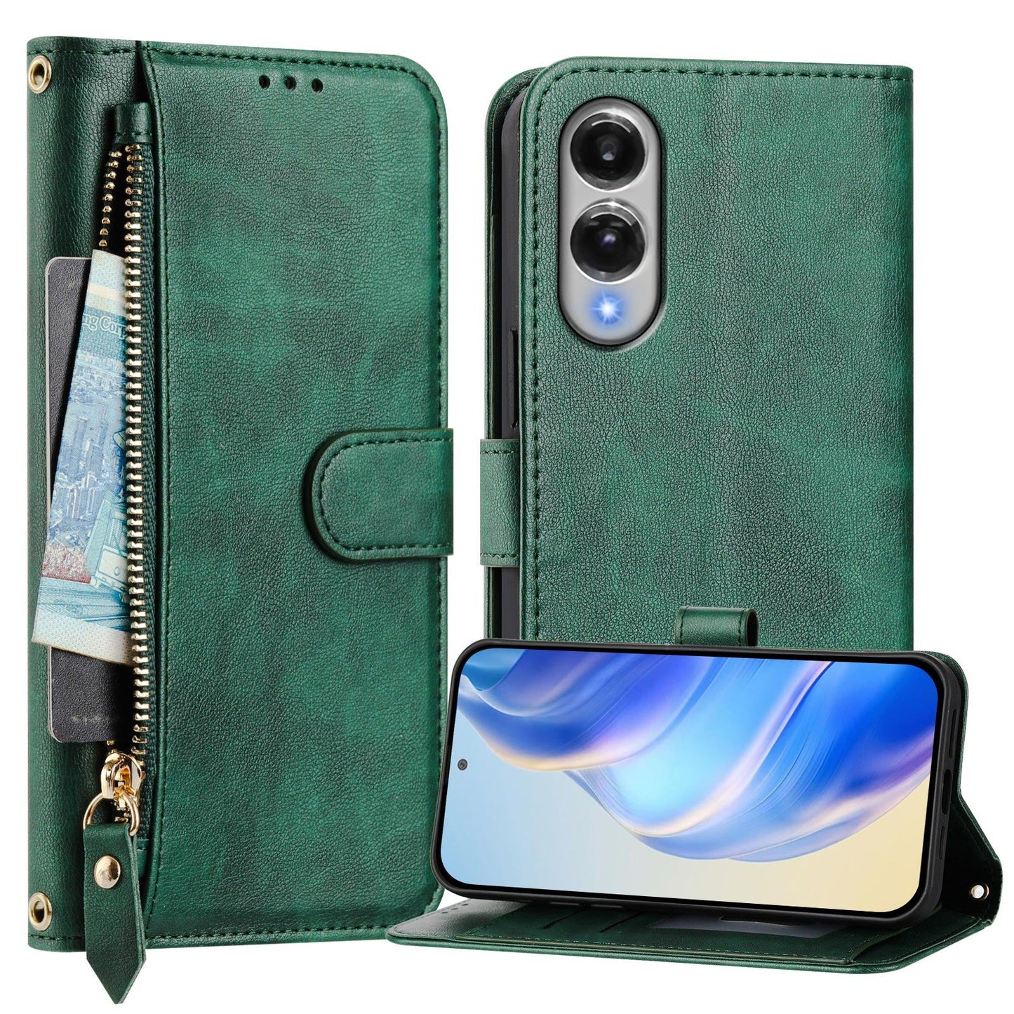 For Samsung Galaxy S25 Edge Case Zipper Pocket Multiple Card Slots Leather Phone Cover - Green