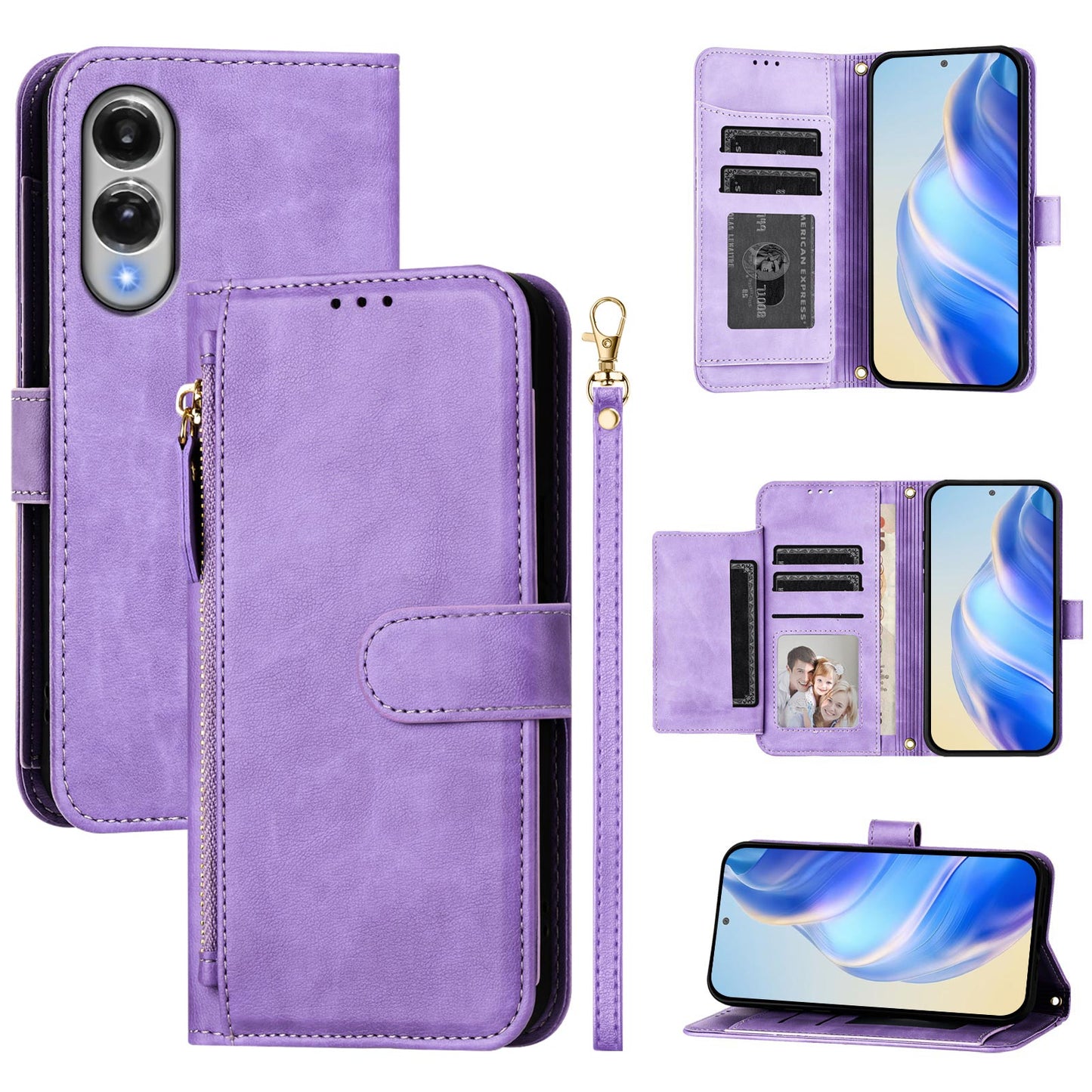 For Samsung Galaxy S25 Edge Case Zipper Pocket Multiple Card Slots Leather Phone Cover - Purple
