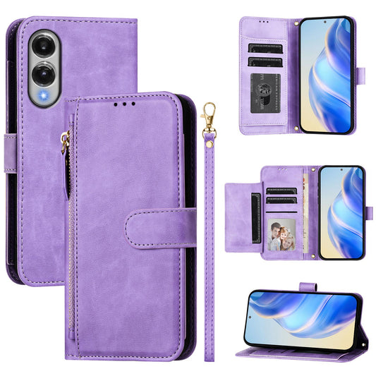 For Samsung Galaxy S25 Edge Case Zipper Pocket Multiple Card Slots Leather Phone Cover - Purple