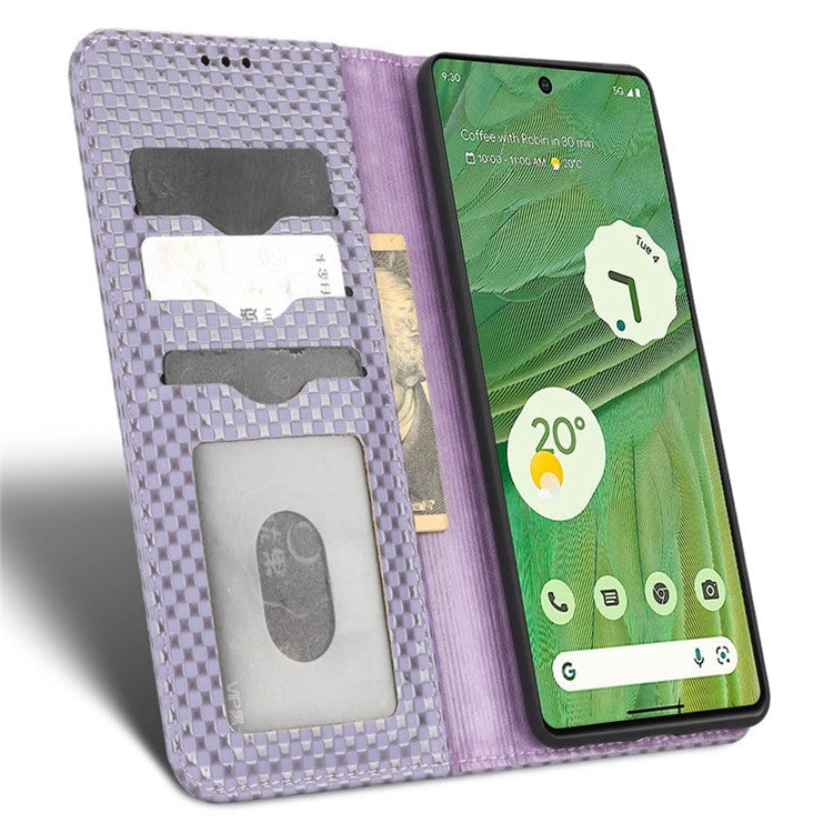 Full Protection Phone Cover For Google Pixel 7 5G, PU Leather Flip Wallet Stand Grid Texture Magnetic Closure Anti-scratch Phone Case - Light Purple
