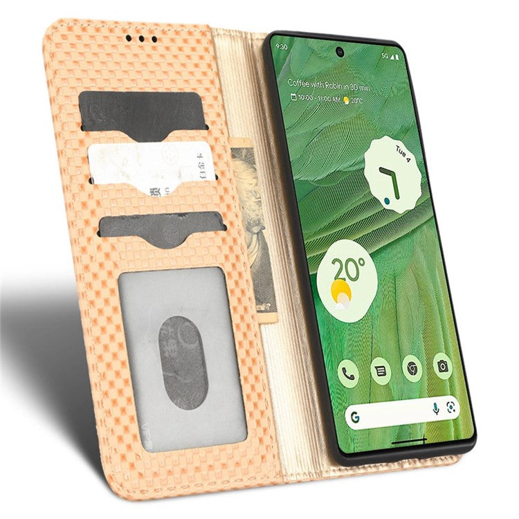 Full Protection Phone Cover For Google Pixel 7 5G, PU Leather Flip Wallet Stand Grid Texture Magnetic Closure Anti-scratch Phone Case - Beige