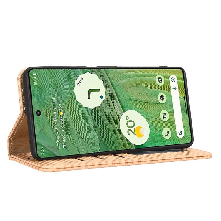 Full Protection Phone Cover For Google Pixel 7 5G, PU Leather Flip Wallet Stand Grid Texture Magnetic Closure Anti-scratch Phone Case - Beige