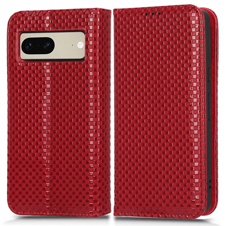 Full Protection Phone Cover For Google Pixel 7 5G, PU Leather Flip Wallet Stand Grid Texture Magnetic Closure Anti-scratch Phone Case - Wine Red