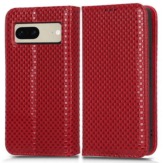 Full Protection Phone Cover For Google Pixel 7 5G, PU Leather Flip Wallet Stand Grid Texture Magnetic Closure Anti-scratch Phone Case - Wine Red