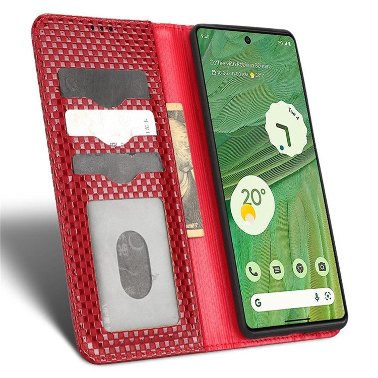 Full Protection Phone Cover For Google Pixel 7 5G, PU Leather Flip Wallet Stand Grid Texture Magnetic Closure Anti-scratch Phone Case - Wine Red