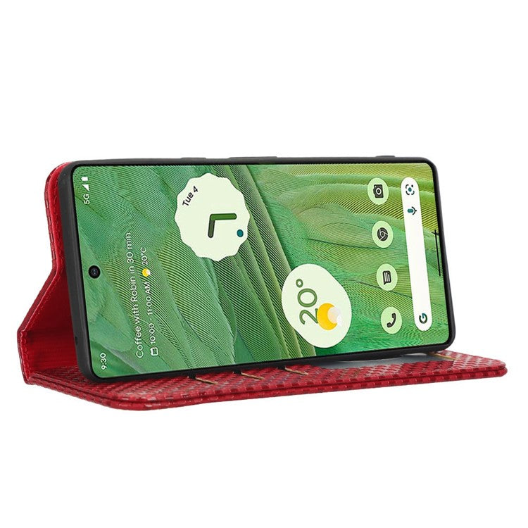 Full Protection Phone Cover For Google Pixel 7 5G, PU Leather Flip Wallet Stand Grid Texture Magnetic Closure Anti-scratch Phone Case - Wine Red