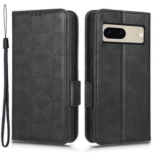 For Google Pixel 7 5G Imprinted Triangle Pattern Leather Magnetic Flip Cover Stand Feature Wallet Purse Phone Case - Black