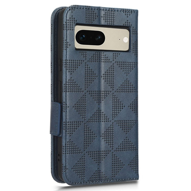 For Google Pixel 7 5G Imprinted Triangle Pattern Leather Magnetic Flip Cover Stand Feature Wallet Purse Phone Case - Blue
