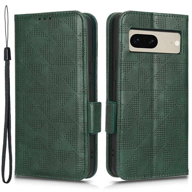 For Google Pixel 7 5G Imprinted Triangle Pattern Leather Magnetic Flip Cover Stand Feature Wallet Purse Phone Case - Green