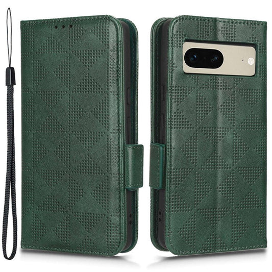 For Google Pixel 7 5G Imprinted Triangle Pattern Leather Magnetic Flip Cover Stand Feature Wallet Purse Phone Case - Green