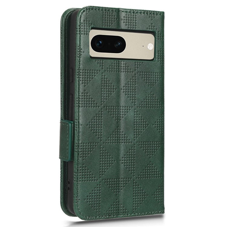 For Google Pixel 7 5G Imprinted Triangle Pattern Leather Magnetic Flip Cover Stand Feature Wallet Purse Phone Case - Green
