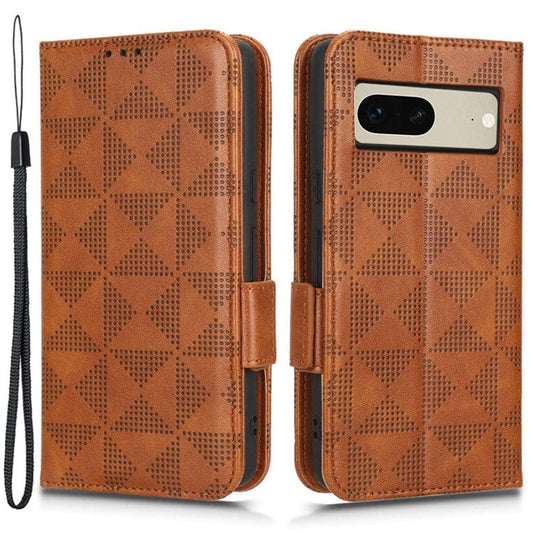 For Google Pixel 7 5G Imprinted Triangle Pattern Leather Magnetic Flip Cover Stand Feature Wallet Purse Phone Case - Brown