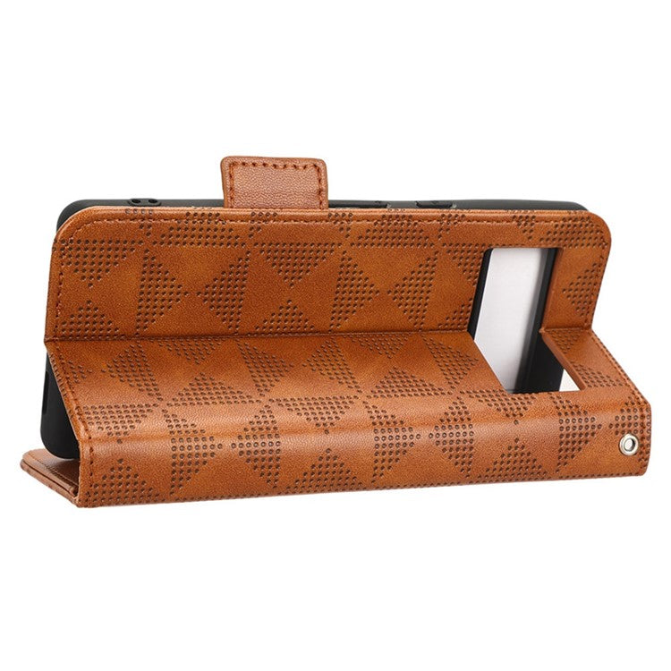 For Google Pixel 7 5G Imprinted Triangle Pattern Leather Magnetic Flip Cover Stand Feature Wallet Purse Phone Case - Brown