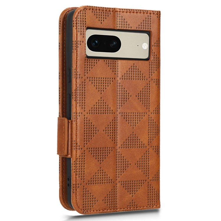 For Google Pixel 7 5G Imprinted Triangle Pattern Leather Magnetic Flip Cover Stand Feature Wallet Purse Phone Case - Brown