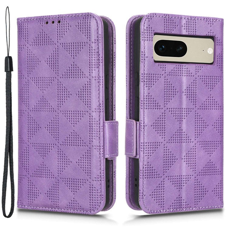 For Google Pixel 7 5G Imprinted Triangle Pattern Leather Magnetic Flip Cover Stand Feature Wallet Purse Phone Case - Purple