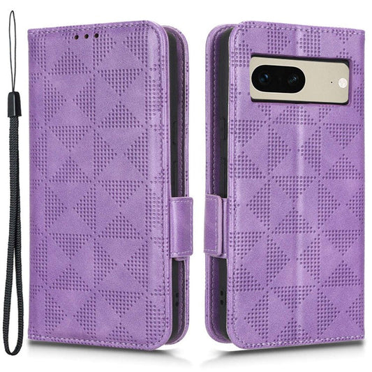 For Google Pixel 7 5G Imprinted Triangle Pattern Leather Magnetic Flip Cover Stand Feature Wallet Purse Phone Case - Purple