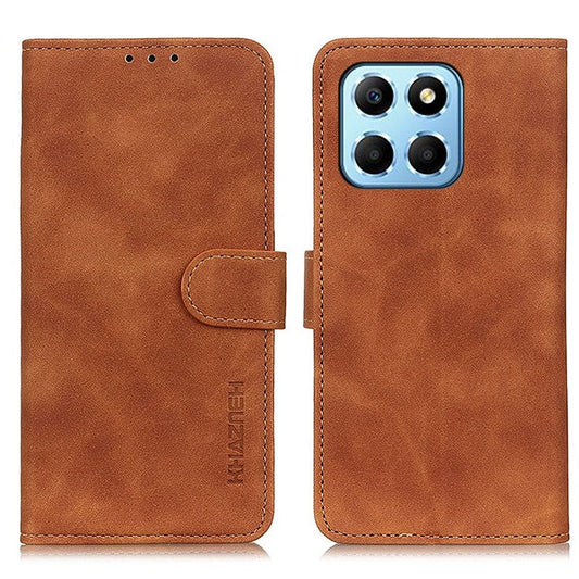KHAZNEH Drop-proof Cell Phone Cover For Honor X8 5G, PU Leather Wallet Case Retro Texture Foldable Stand Phone Shell - Brown