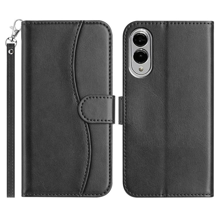 For Samsung Galaxy S25 Edge Stand Case with Strap PU Leather Wallet Phone Cover S Shape Stitching Design - Black