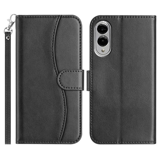 For Samsung Galaxy S25 Edge Stand Case with Strap PU Leather Wallet Phone Cover S Shape Stitching Design - Black