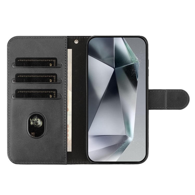 For Samsung Galaxy S25 Edge Stand Case with Strap PU Leather Wallet Phone Cover S Shape Stitching Design - Black