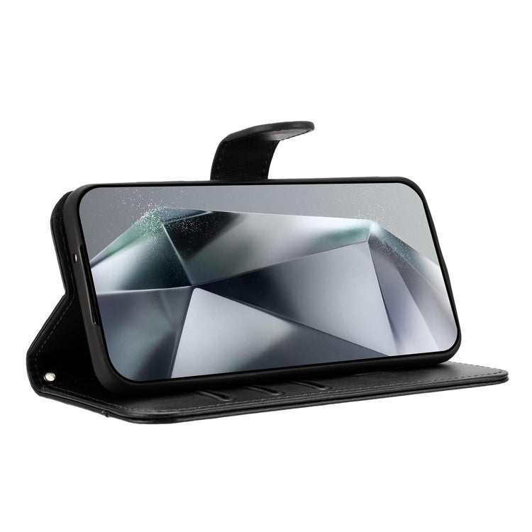 For Samsung Galaxy S25 Edge Stand Case with Strap PU Leather Wallet Phone Cover S Shape Stitching Design - Black