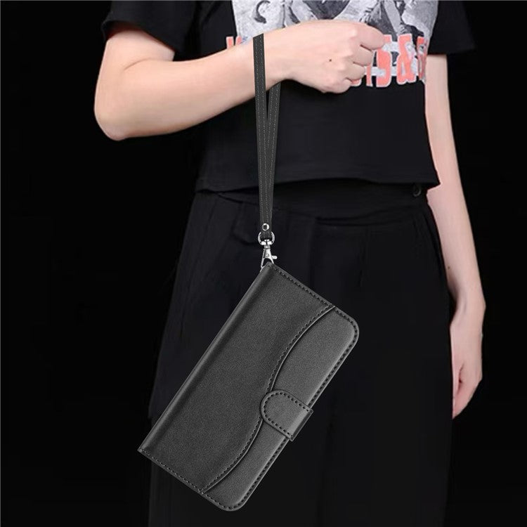 For Samsung Galaxy S25 Edge Stand Case with Strap PU Leather Wallet Phone Cover S Shape Stitching Design - Black