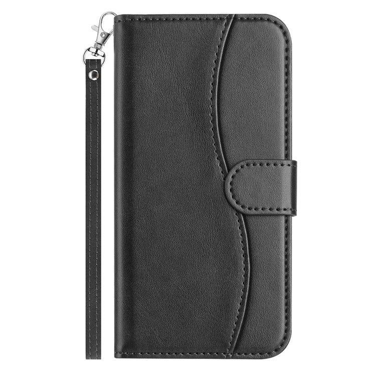 For Samsung Galaxy S25 Edge Stand Case with Strap PU Leather Wallet Phone Cover S Shape Stitching Design - Black
