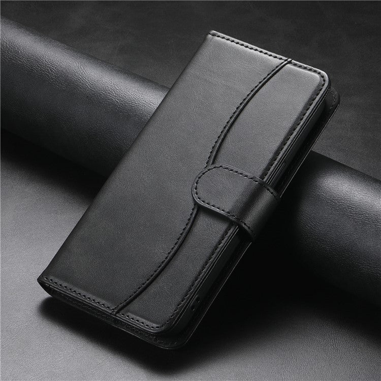 For Samsung Galaxy S25 Edge Stand Case with Strap PU Leather Wallet Phone Cover S Shape Stitching Design - Black