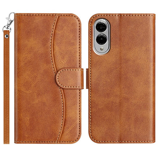For Samsung Galaxy S25 Edge Stand Case with Strap PU Leather Wallet Phone Cover S Shape Stitching Design - Brown