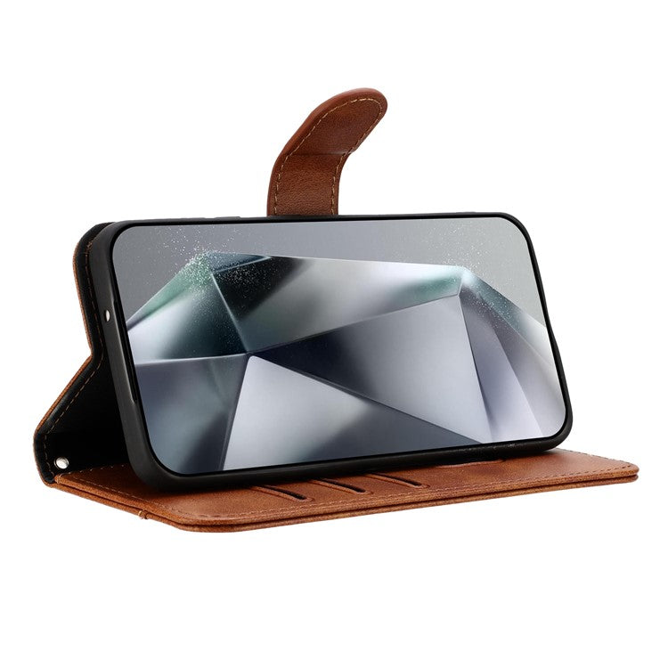 For Samsung Galaxy S25 Edge Stand Case with Strap PU Leather Wallet Phone Cover S Shape Stitching Design - Brown
