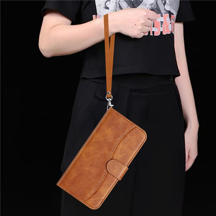 For Samsung Galaxy S25 Edge Stand Case with Strap PU Leather Wallet Phone Cover S Shape Stitching Design - Brown