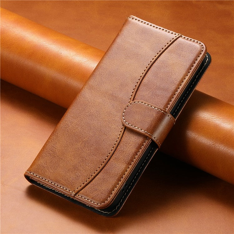 For Samsung Galaxy S25 Edge Stand Case with Strap PU Leather Wallet Phone Cover S Shape Stitching Design - Brown