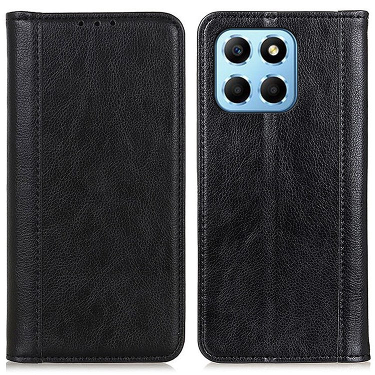 Shockproof Cell Phone Cover For Honor X8 5G, Litchi Texture Split Leather Wallet Stand Case Magnetic Auto-absorbed Phone Shell - Black