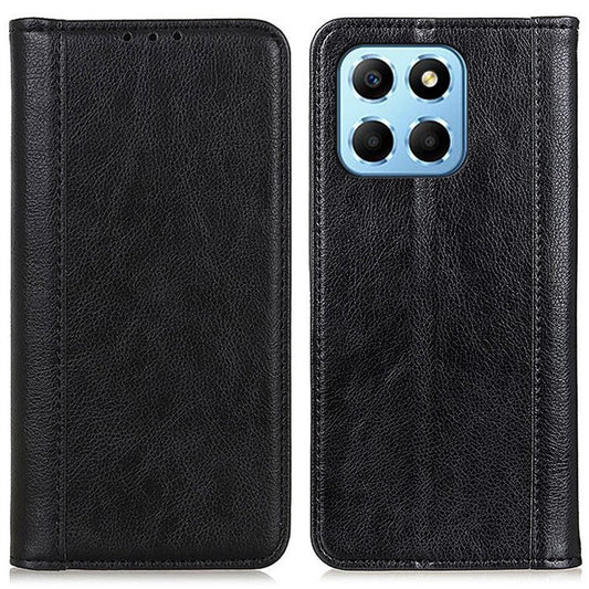 Shockproof Cell Phone Cover For Honor X8 5G, Litchi Texture Split Leather Wallet Stand Case Magnetic Auto-absorbed Phone Shell - Black