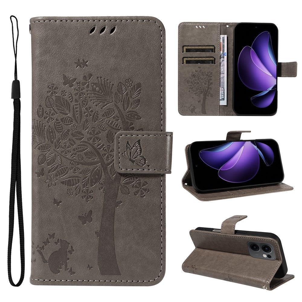 For Oppo Reno13 F 5G Phone Case with Stand Cat Tree Pattern Leather Wallet Mobile Cover - Grey