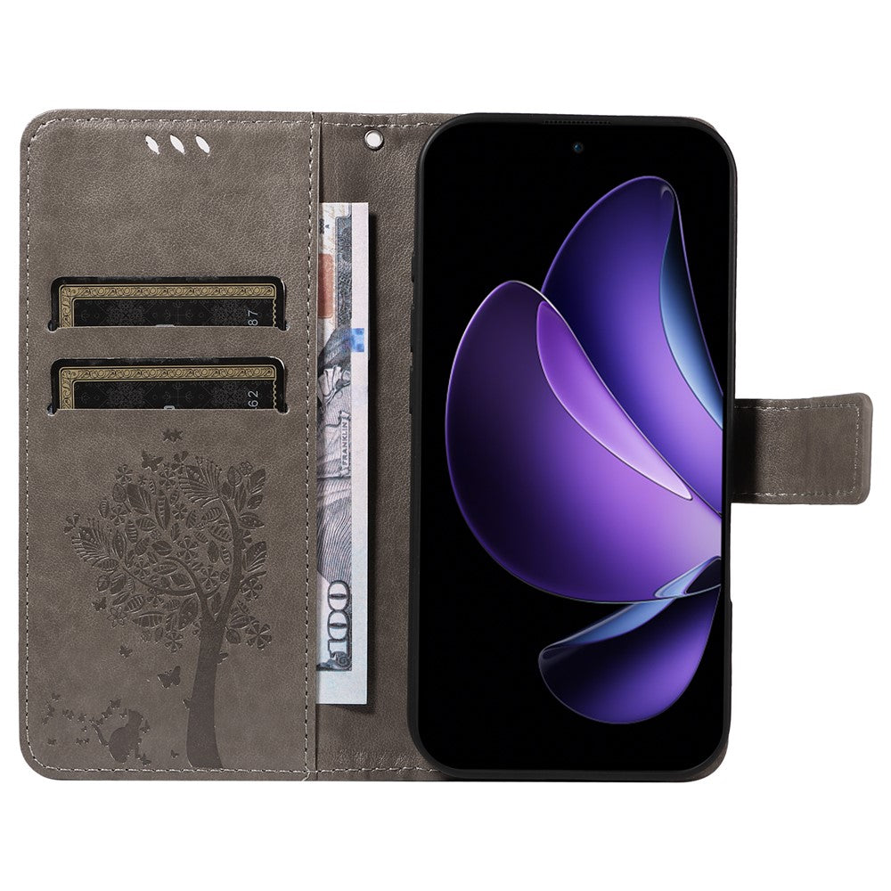 For Oppo Reno13 F 5G Phone Case with Stand Cat Tree Pattern Leather Wallet Mobile Cover - Grey