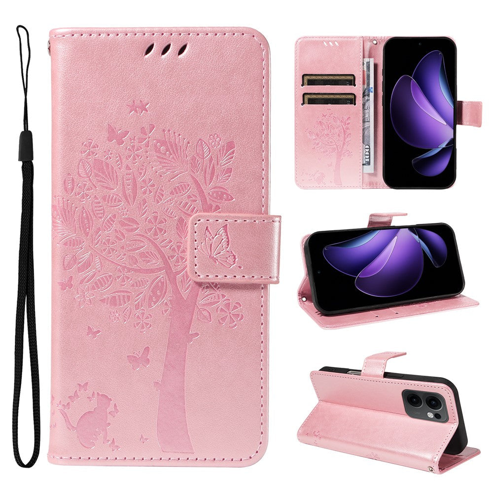 For Oppo Reno13 F 5G Phone Case with Stand Cat Tree Pattern Leather Wallet Mobile Cover - Rose Gold
