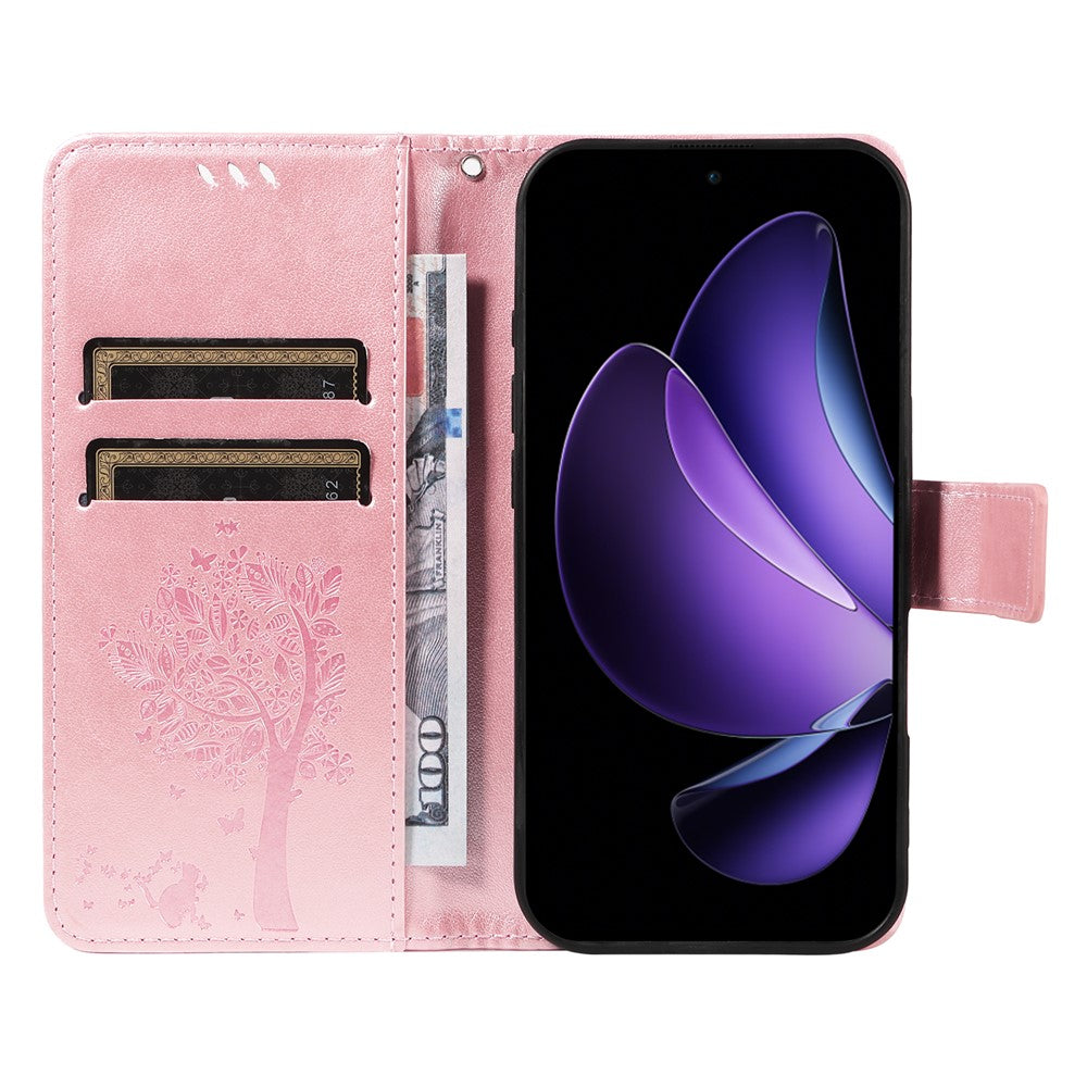 For Oppo Reno13 F 5G Phone Case with Stand Cat Tree Pattern Leather Wallet Mobile Cover - Rose Gold
