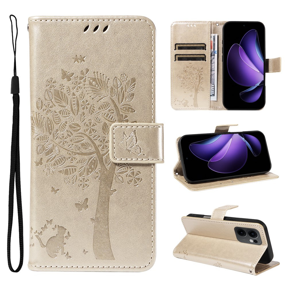 For Oppo Reno13 F 5G Phone Case with Stand Cat Tree Pattern Leather Wallet Mobile Cover - Gold