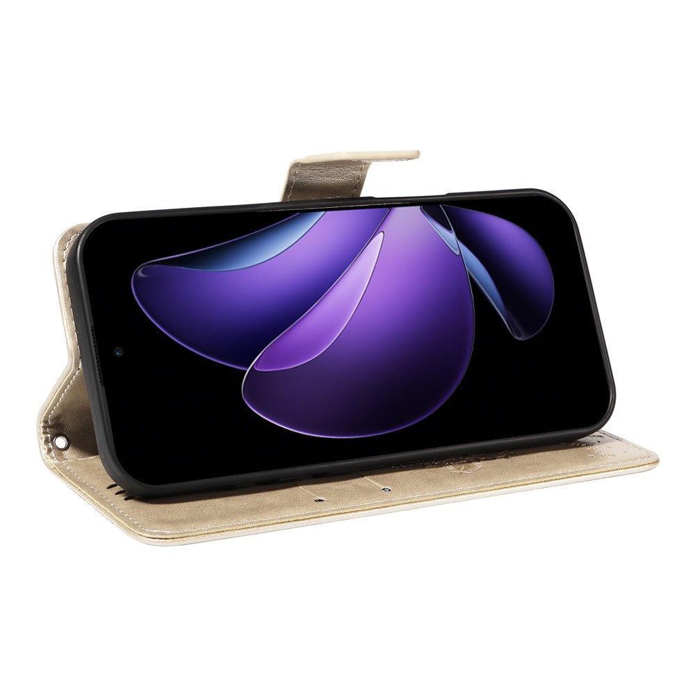 For Oppo Reno13 F 5G Phone Case with Stand Cat Tree Pattern Leather Wallet Mobile Cover - Gold