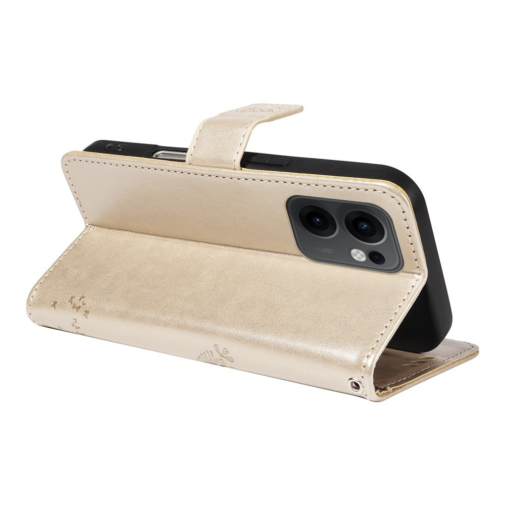 For Oppo Reno13 F 5G Phone Case with Stand Cat Tree Pattern Leather Wallet Mobile Cover - Gold